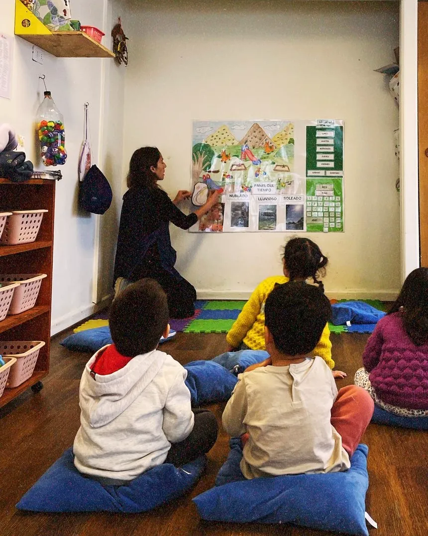 Ronda de la mañana: niños y niñas, de espaldas, miran a su educadora frente al panel del tiempo